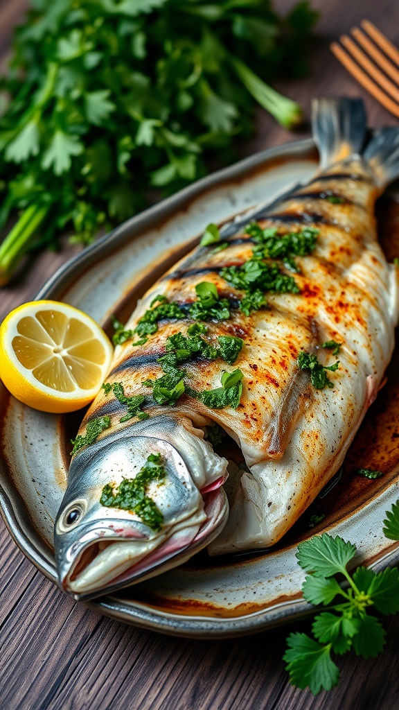 Grilled branzino topped with chimichurri sauce and garnished with lemon on a rustic plate.